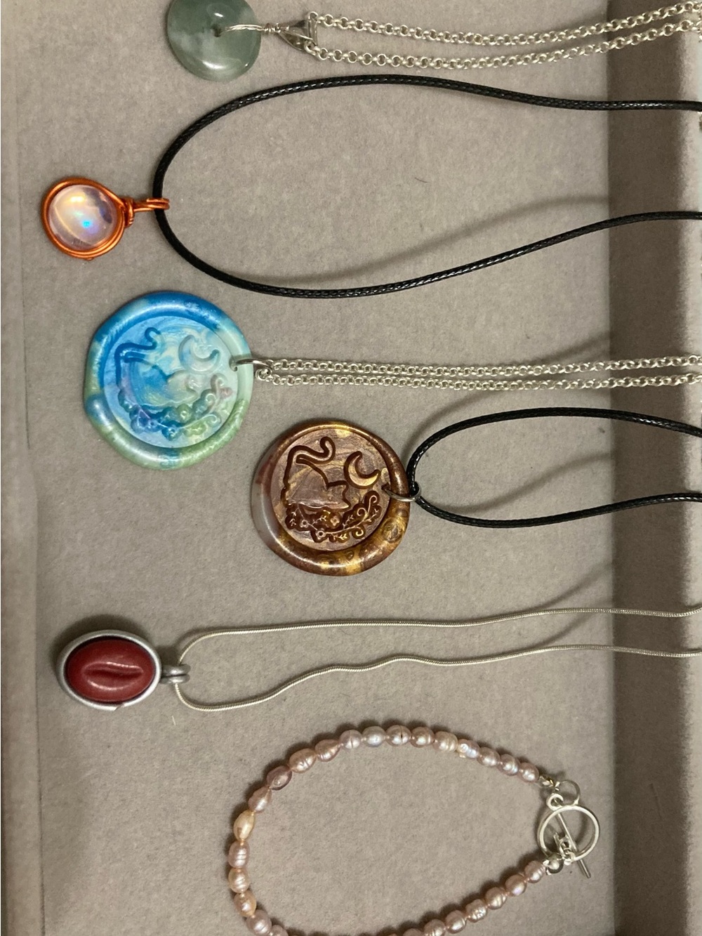 Pendant Necklace lot- includes Antique Cat Motif, jadeite, and freshwater pearl